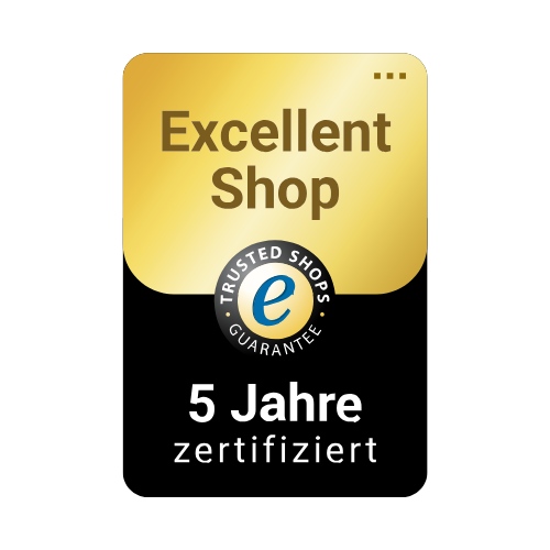 Siegel mit gold- und schwarzfarbenem Design, das "Excellent Shop" und "5 Jahre zertifiziert" sowie das Trustmark-Logo zeigt.
