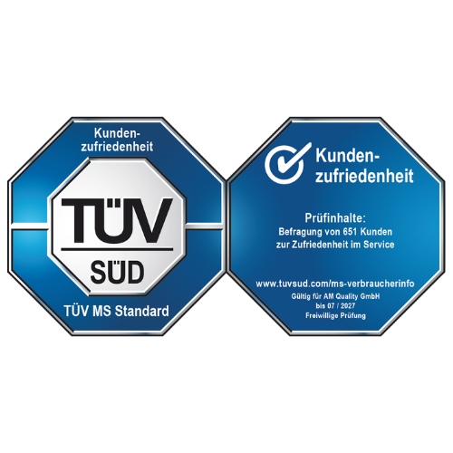 TÜV-Siegel für Kundenzufriedenheit mit TÜV SÜD Standard, blauer Hintergrund, Zertifizierungslogo